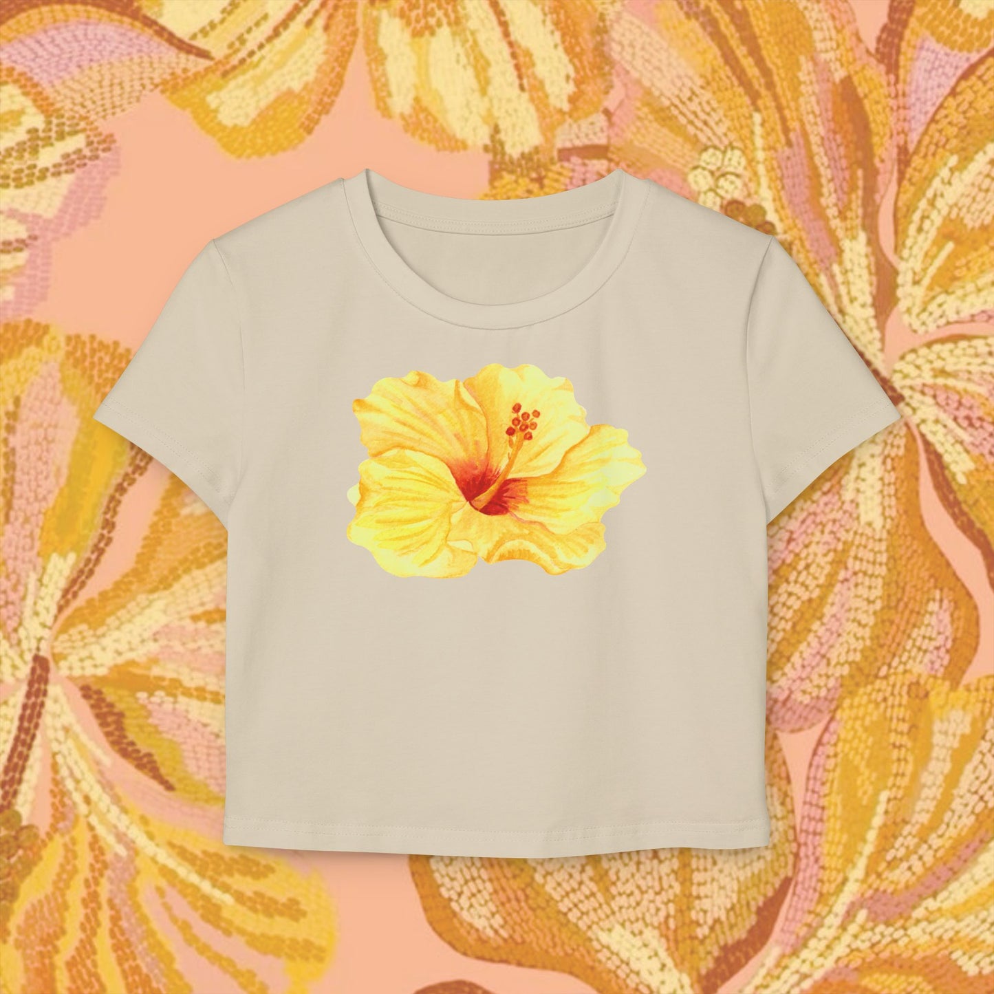 Yellow Hibiscus Flower Crop Top | Y2K Aesthetic Baby Tee, Tropical Floral Fitted Shirt, Vintage Summer Fashion, Trendy Gift for Her