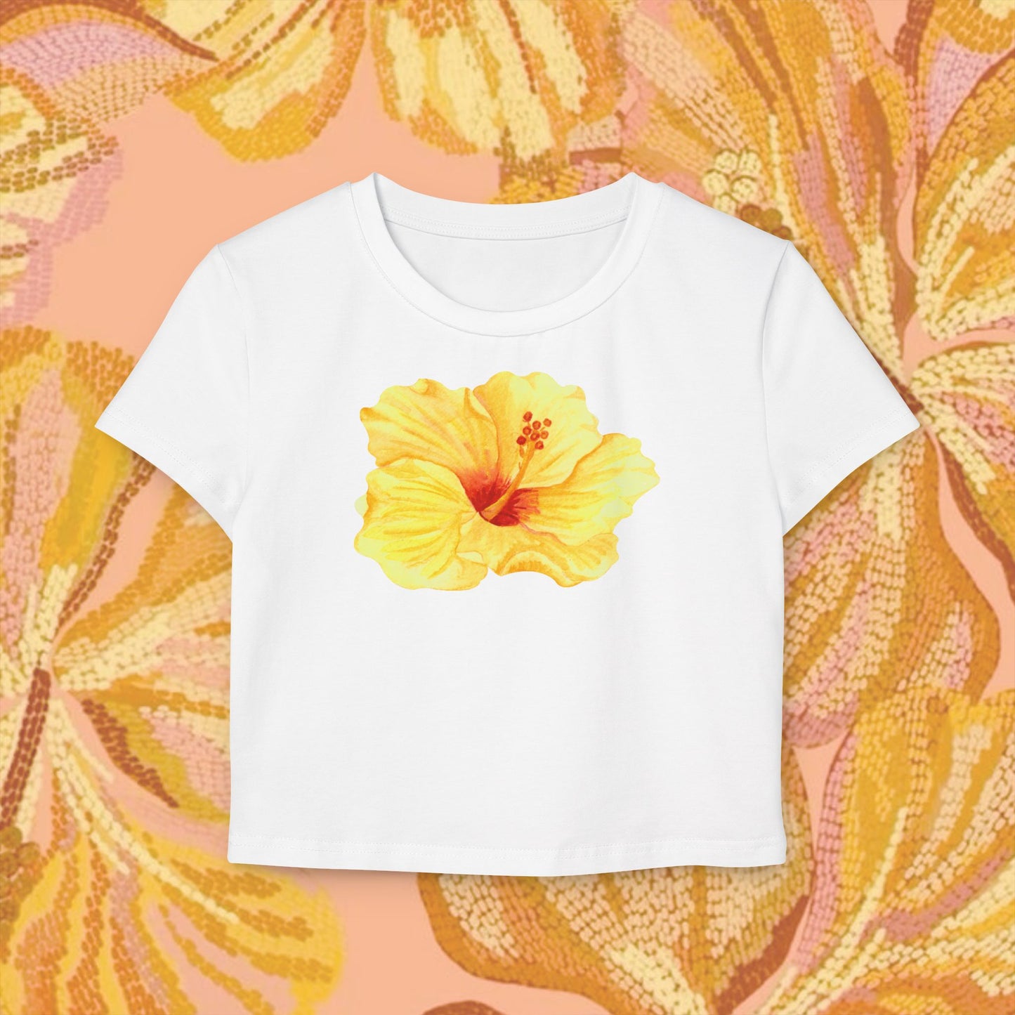 Yellow Hibiscus Flower Crop Top | Y2K Aesthetic Baby Tee, Tropical Floral Fitted Shirt, Vintage Summer Fashion, Trendy Gift for Her