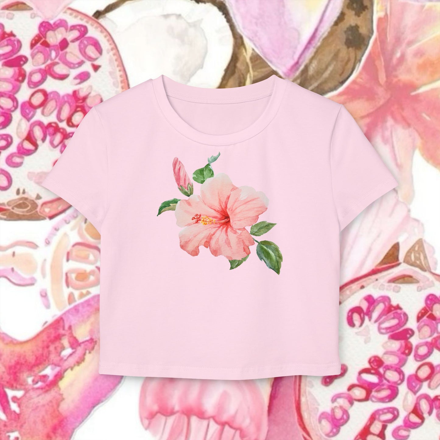 Y2K Aesthetic Hibiscus Flower Pink Crop Top | Cute Fitted Baby Tee, Vintage Floral Print Shirt, Trendy Summer Gifts