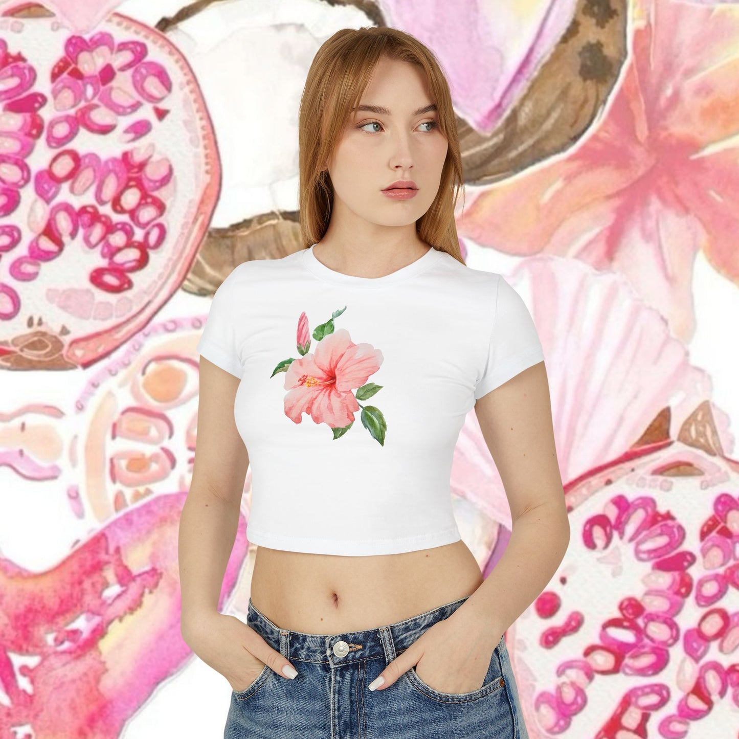 Y2K Aesthetic Hibiscus Flower Pink Crop Top | Cute Fitted Baby Tee, Vintage Floral Print Shirt, Trendy Summer Gifts