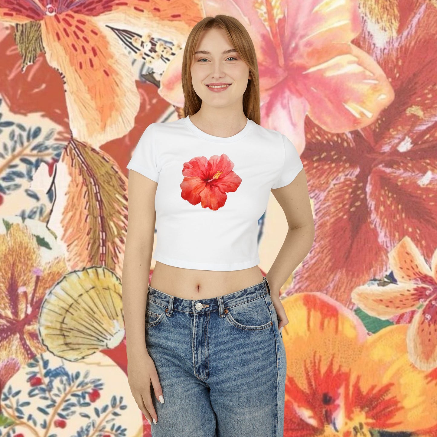 Red Hibiscus Flower Fitted Crop Trendy Design Aesthetic Women's Baby Tee