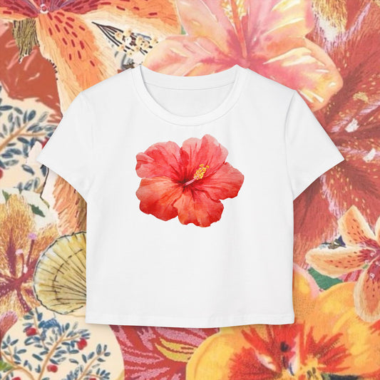 Red Hibiscus Flower Fitted Crop Trendy Design Aesthetic Women's Baby Tee