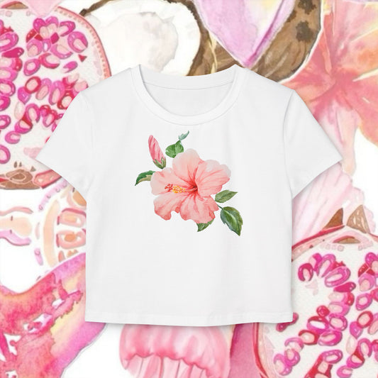 Y2K Aesthetic Hibiscus Flower Pink Crop Top | Cute Fitted Baby Tee, Vintage Floral Print Shirt, Trendy Summer Gifts