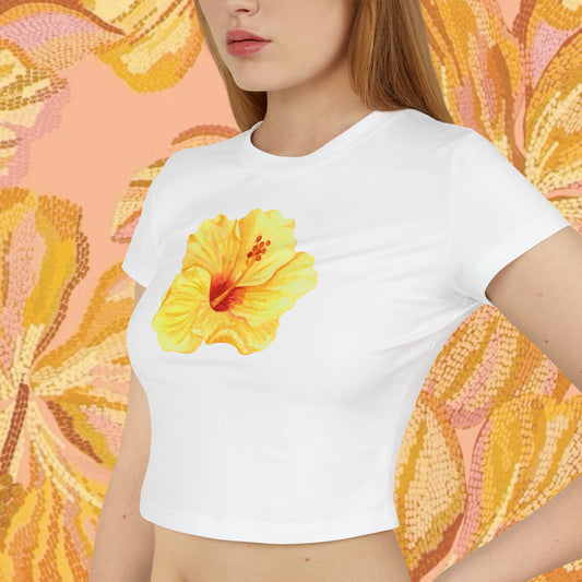 Yellow Hibiscus Flower Crop Top | Y2K Aesthetic Baby Tee, Tropical Floral Fitted Shirt, Vintage Summer Fashion, Trendy Gift for Her