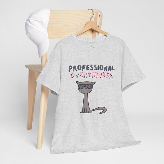 Professional Overthinker Sarcastic Design Unisex Heavy Cotton Tee - Funny Cat Graphic T-Shirt