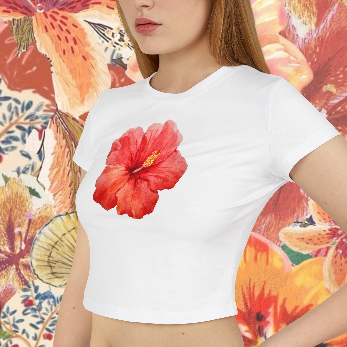 Red Hibiscus Flower Fitted Crop Trendy Design Aesthetic Women's Baby Tee