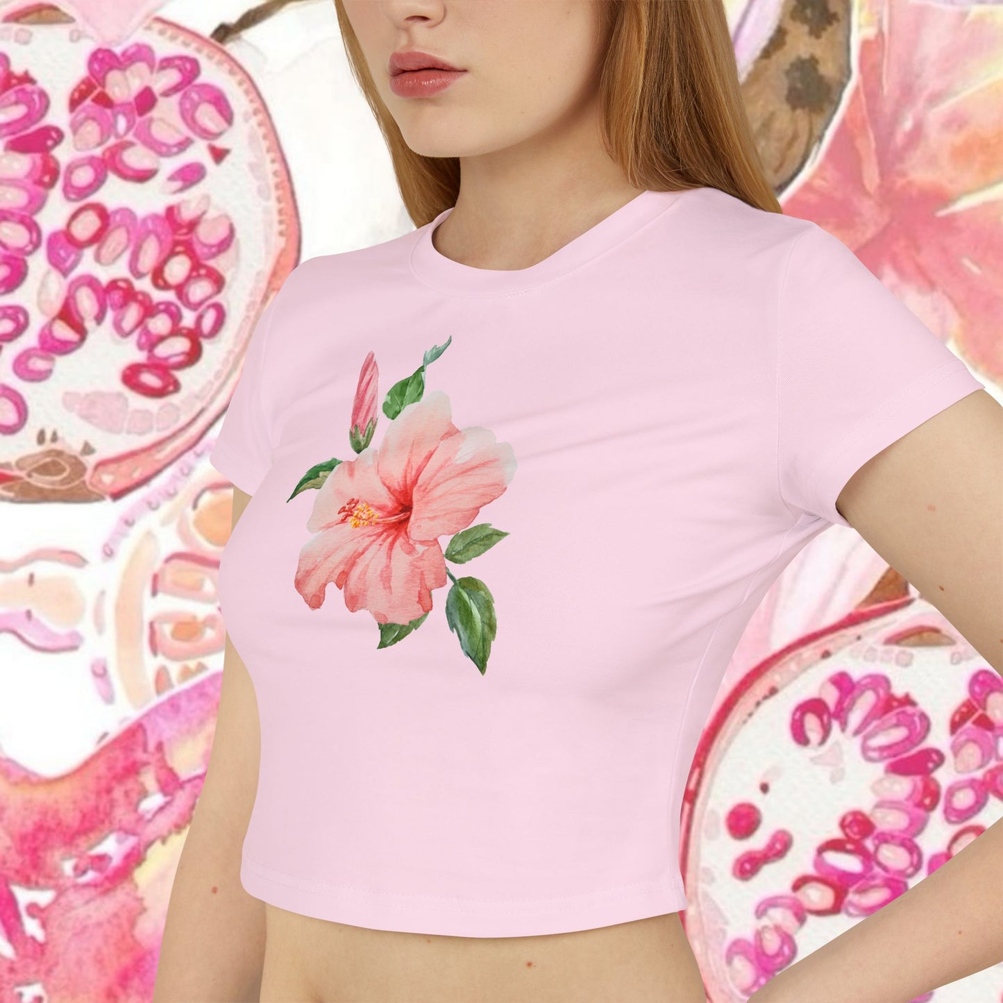 Y2K Aesthetic Hibiscus Flower Pink Crop Top | Cute Fitted Baby Tee, Vintage Floral Print Shirt, Trendy Summer Gifts