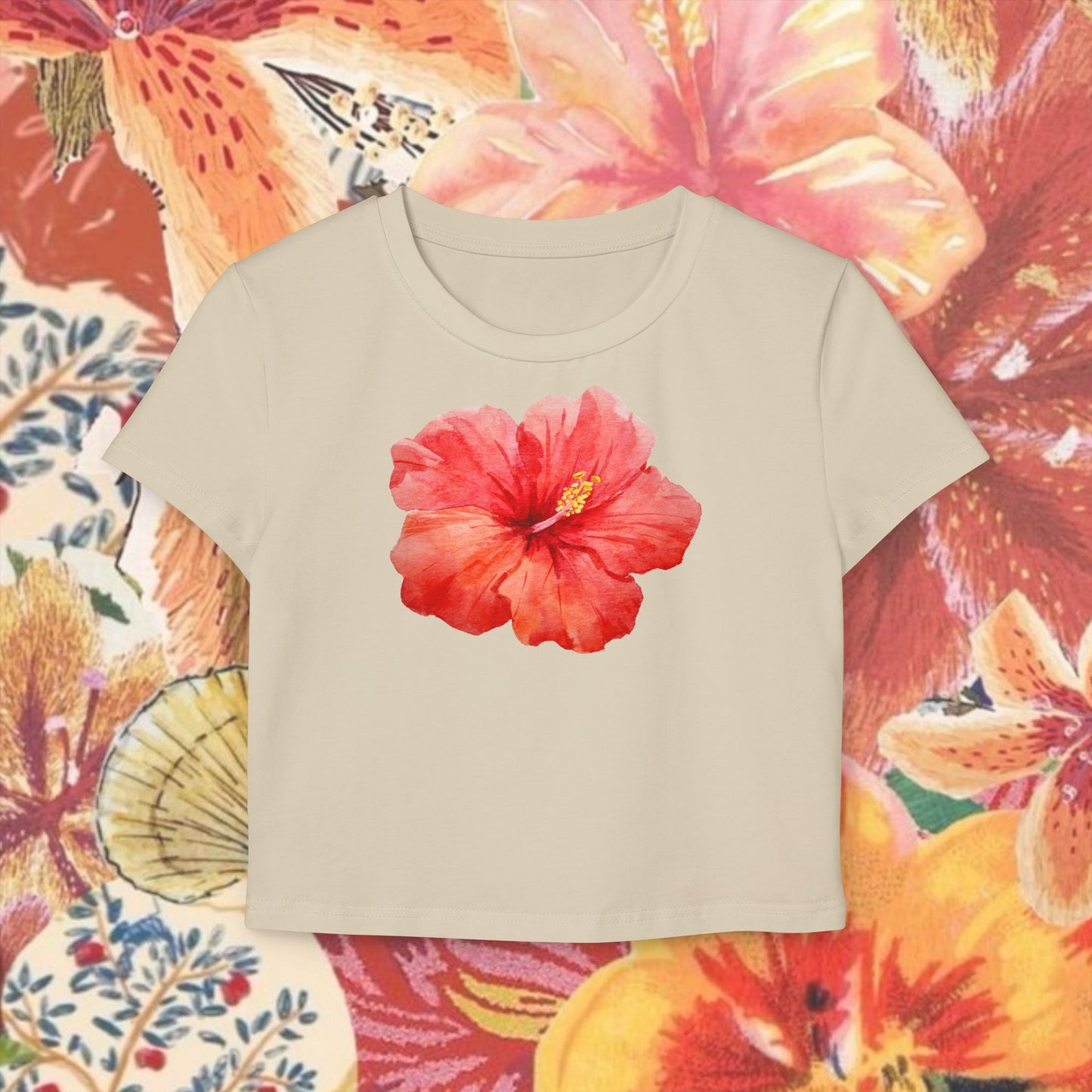 Red Hibiscus Flower Fitted Crop Trendy Design Aesthetic Women's Baby Tee